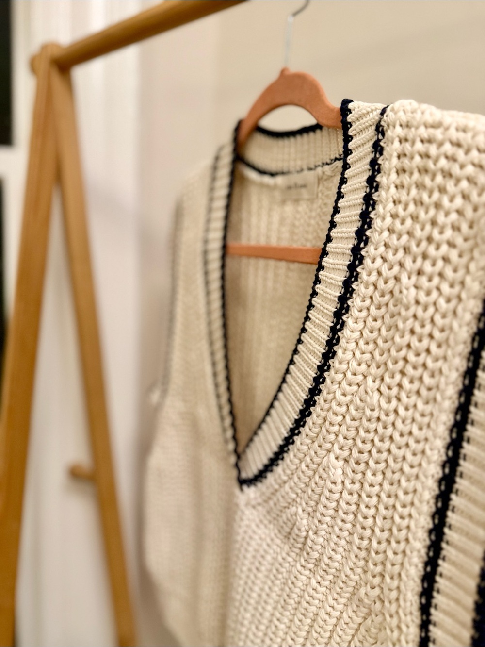 Textured Cream V-Neck Sweater Vest with Black Trim